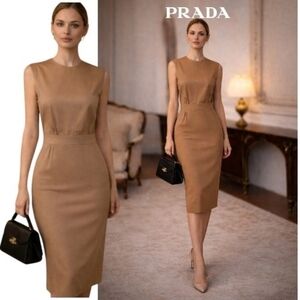 Prada Tan/Camel Midi Sleeveless Dress Women's Size S, NWT, Office Luxury, Cotton